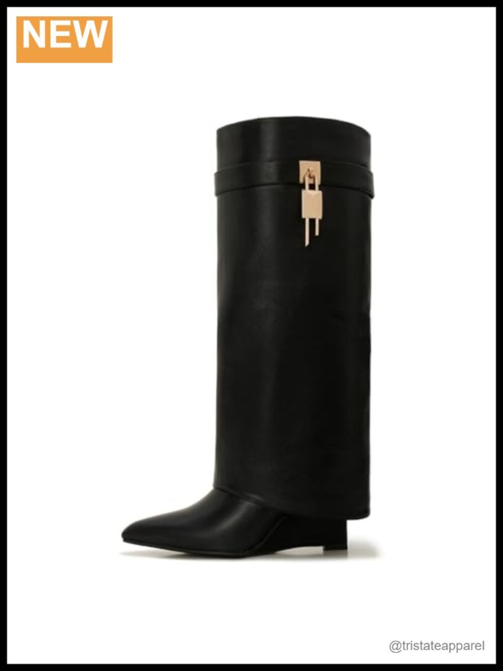 Wide Calf Knee High Faux Leather Boots Fold Over Side Zipper Lock Buckle Low